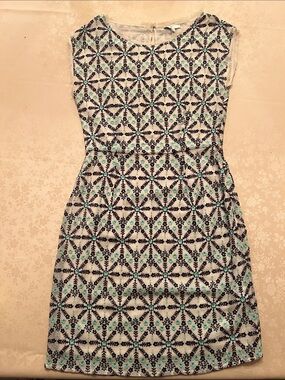 Joie White Dress with Navy & Teal Geometric Print